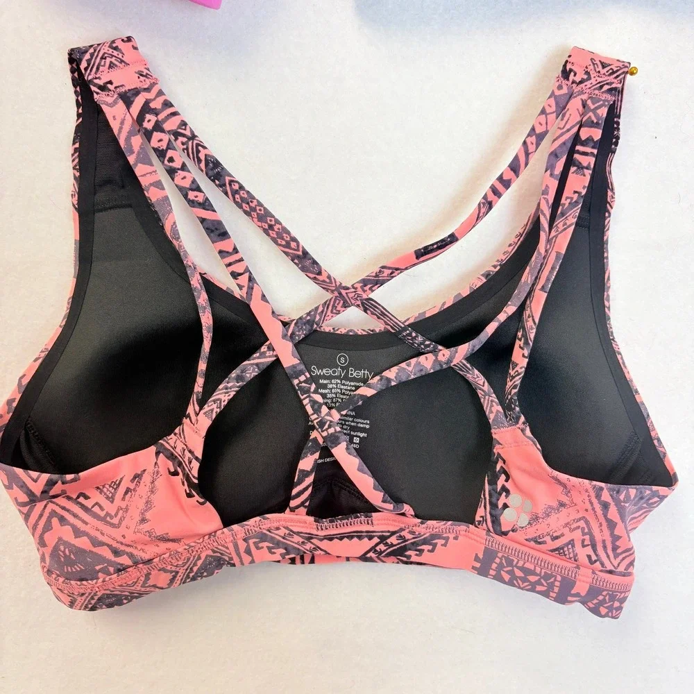 Lot of 3 Sports Bras Sweaty Betty & Nike Run Champion Pink Black Geometric Sz S
